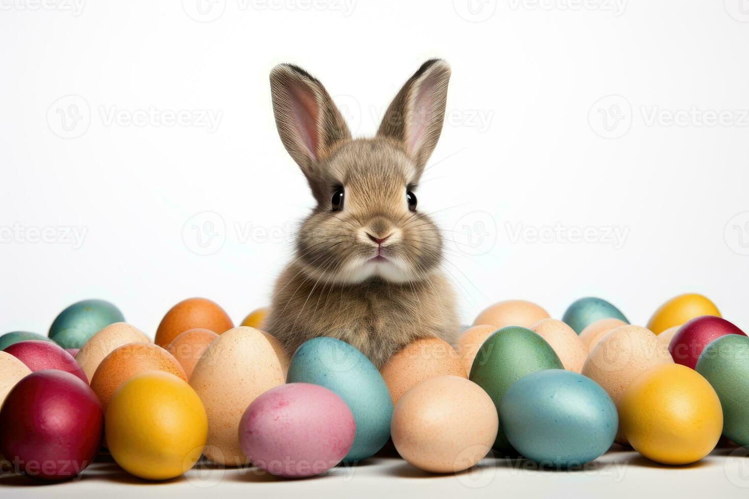 AI generated bunny surrounded by colorful Easter eggs. white background. Generative AI photo