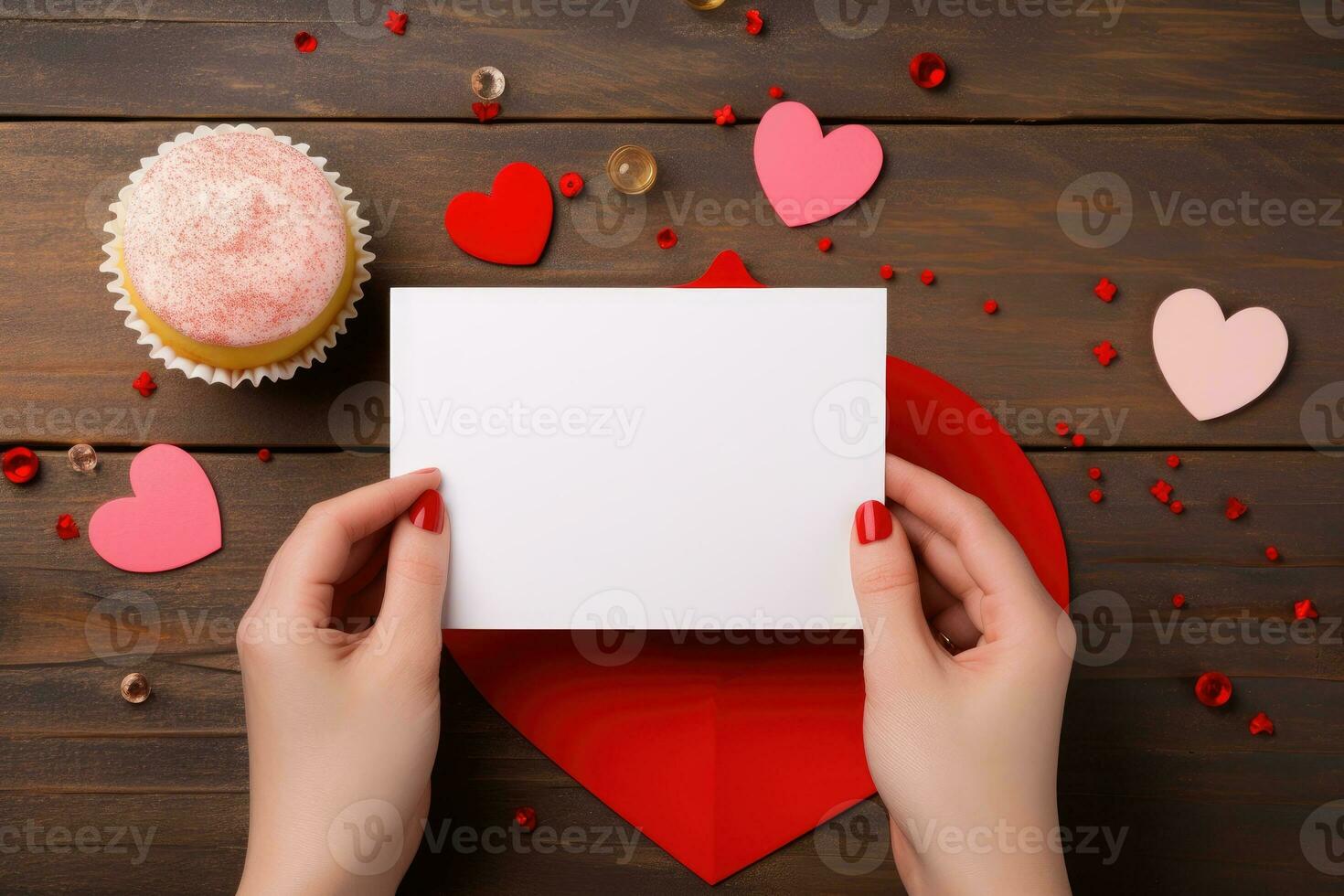 AI generated hand woman holding with blank card. valentine day concept .generative ai photo