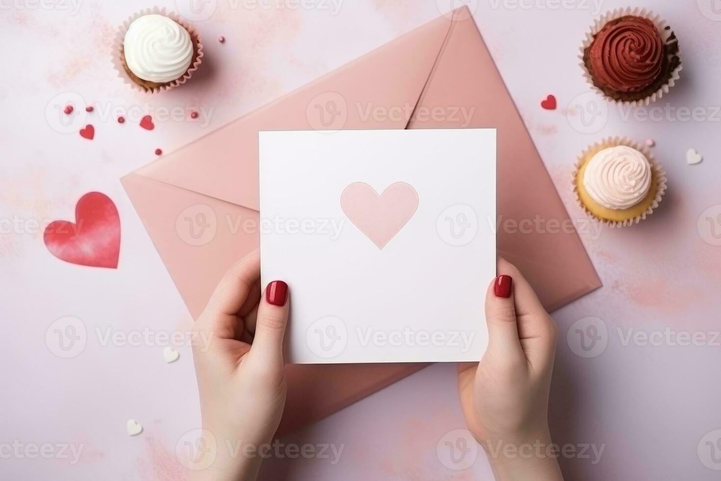 ai generado mano mujer participación con blanco tarjeta. enamorado día concepto .generativo ai foto