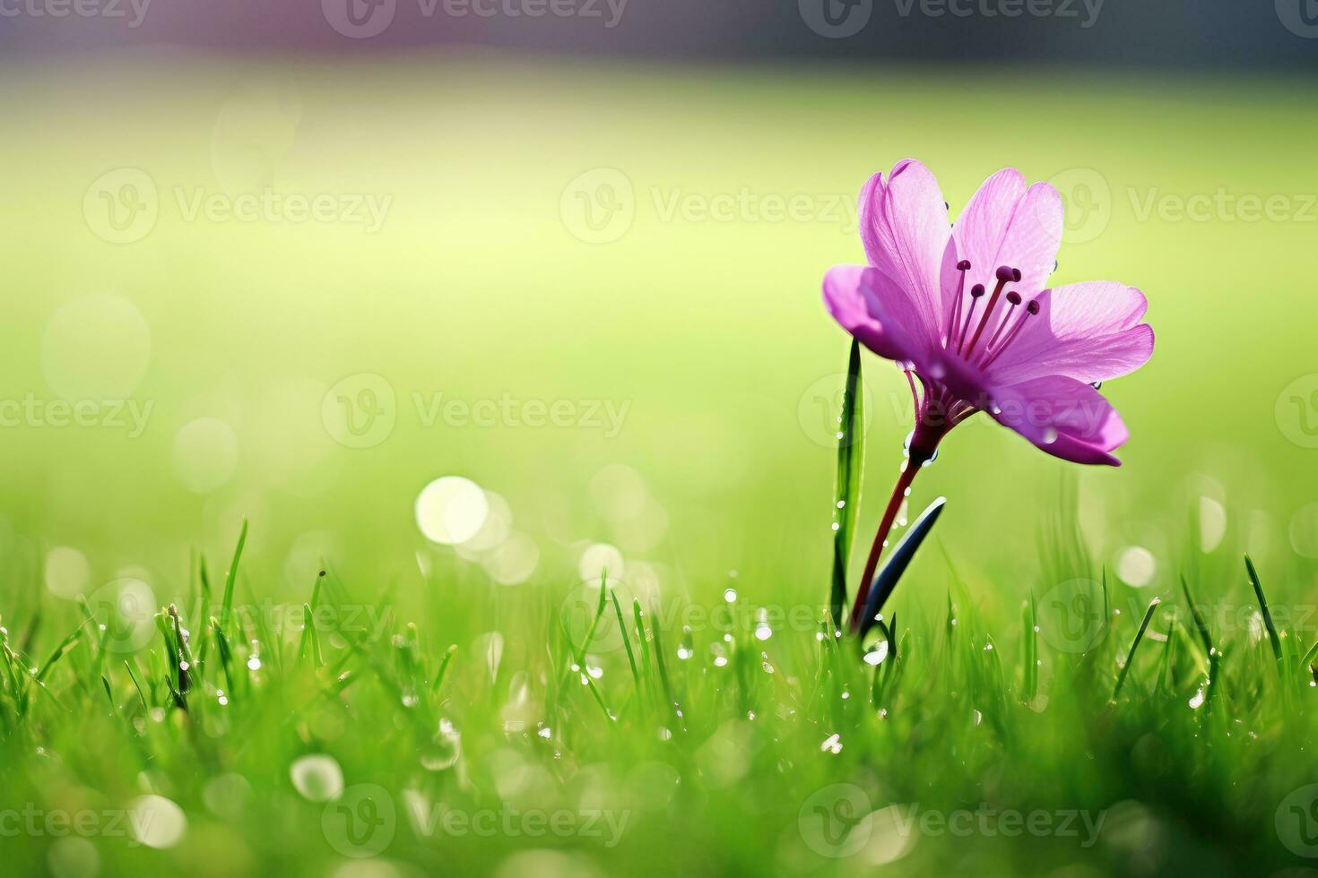 AI generated A purple cherry blossom blooms on the green grass. generative ai photo