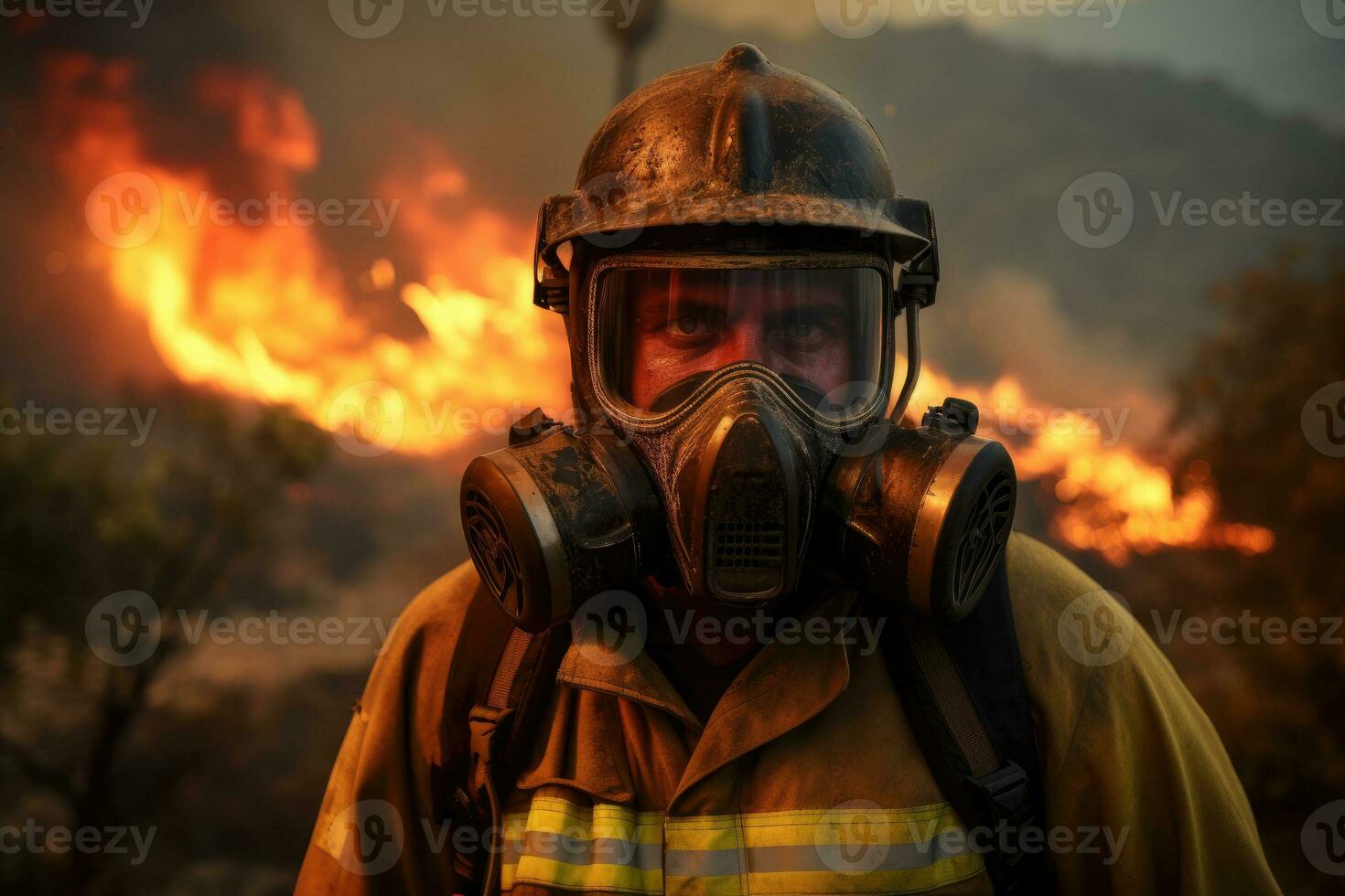 AI generated Fireman with fire hose for fighting fire wearing fire protective suite . Generative AI photo