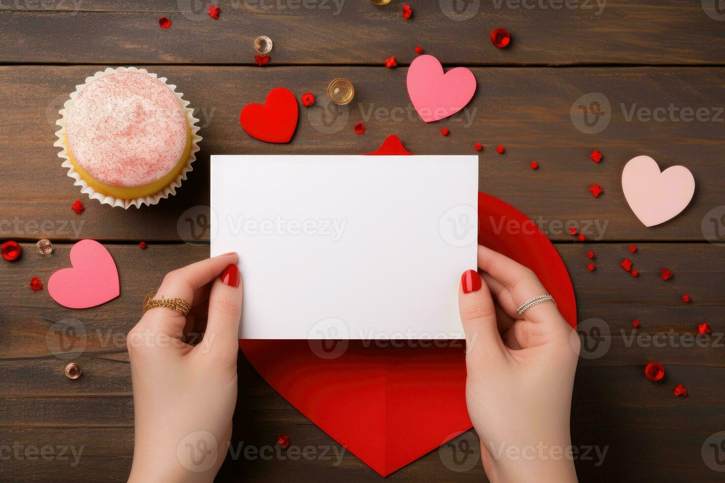 AI generated hand woman holding with blank card. valentine day concept .generative ai photo