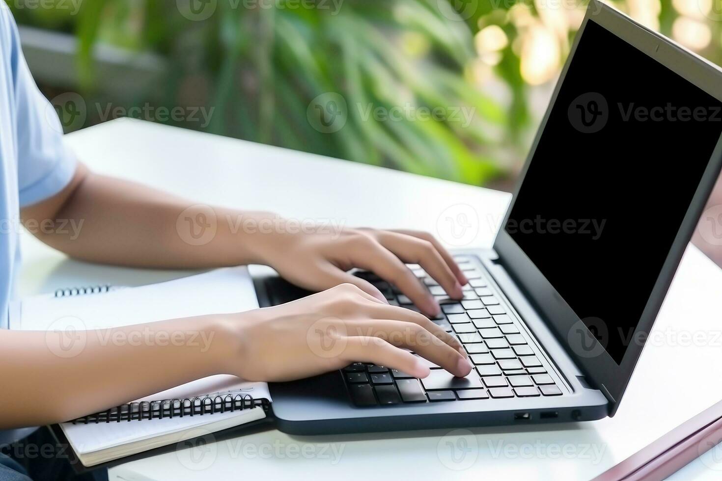 AI generated Young student person studying with laptop and book in the school library, learning online. generative ai photo