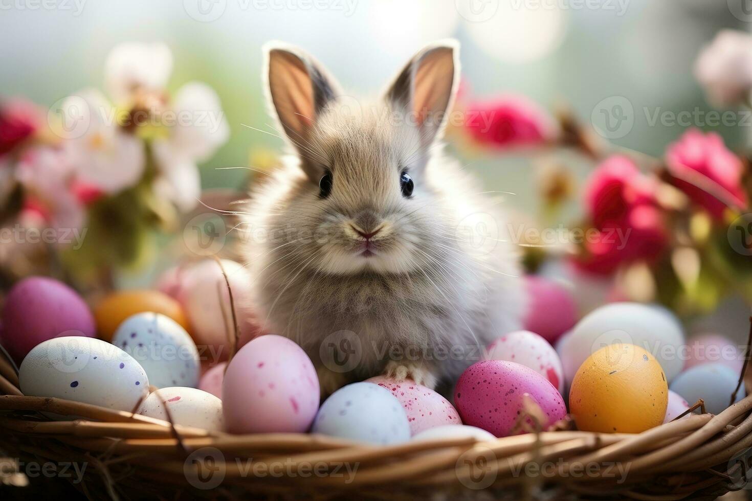 AI generated bunny surrounded by colorful Easter eggs. Generative AI photo