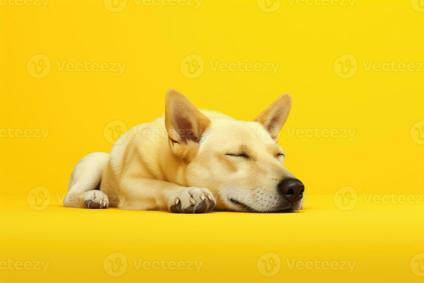 AI generated a dog sleep on soft pastel yellow background. ai generative photo