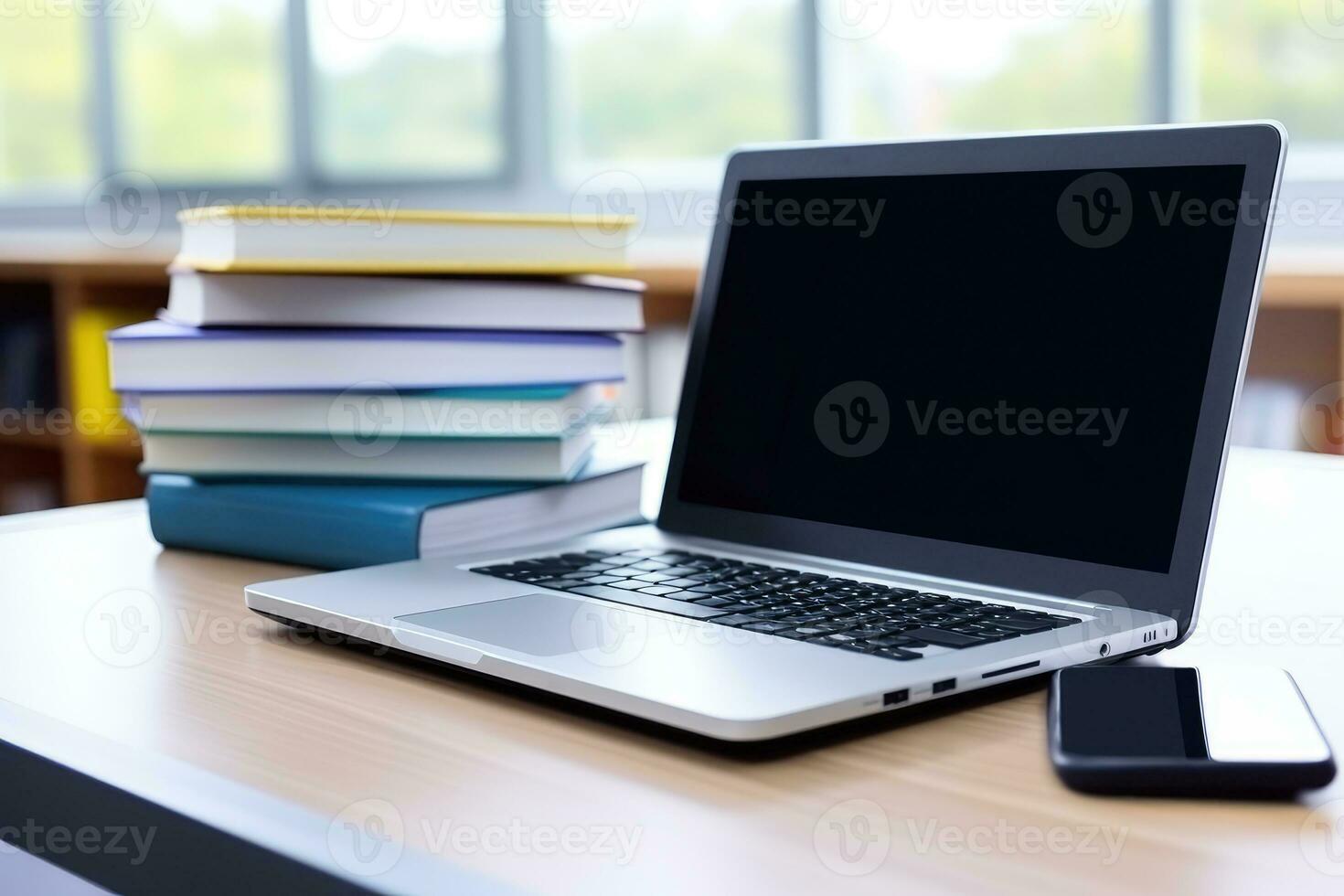 AI generated Young student person studying with laptop and book in the school library, learning online. generative ai photo