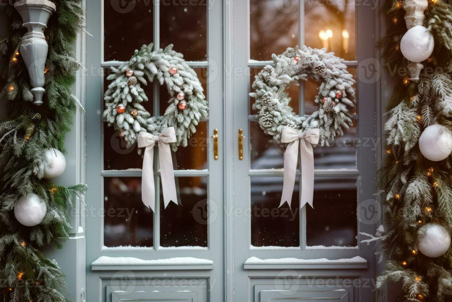 AI generated Christmas wreaths on the front doors of the house photo