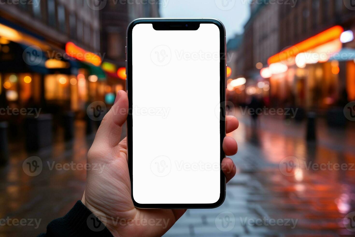 AI generated Smartphone with white blank screen mockup in a man's hand against the background of a city with lights photo