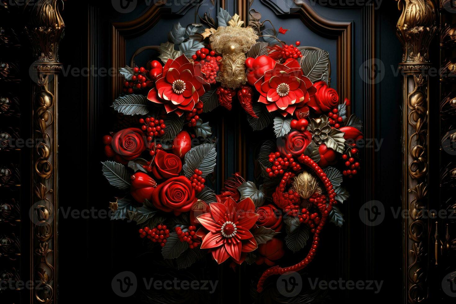 AI generated Christmas wreath on the door of the house photo