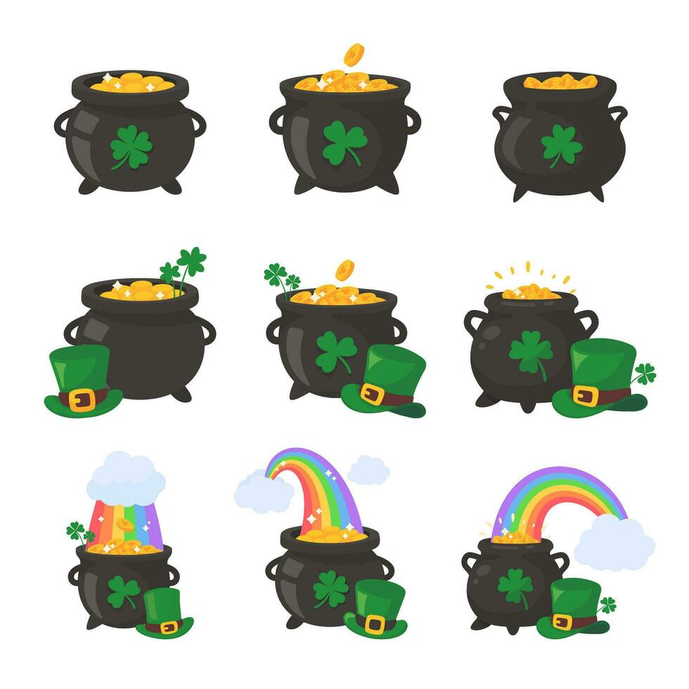 The green pot is full of gold coins. with good luck clover on st patrick festival vector