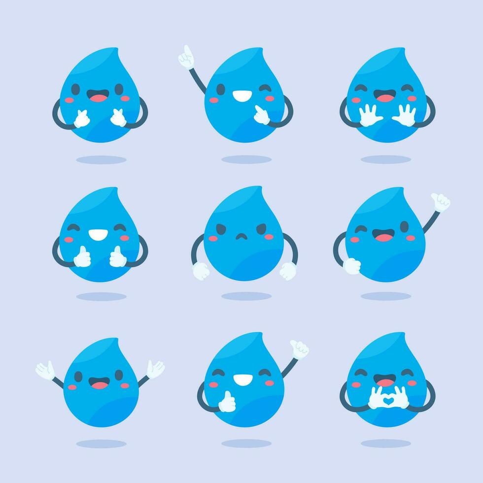 Cute water drop cartoon characters in various poses Providing knowledge to reduce water use vector