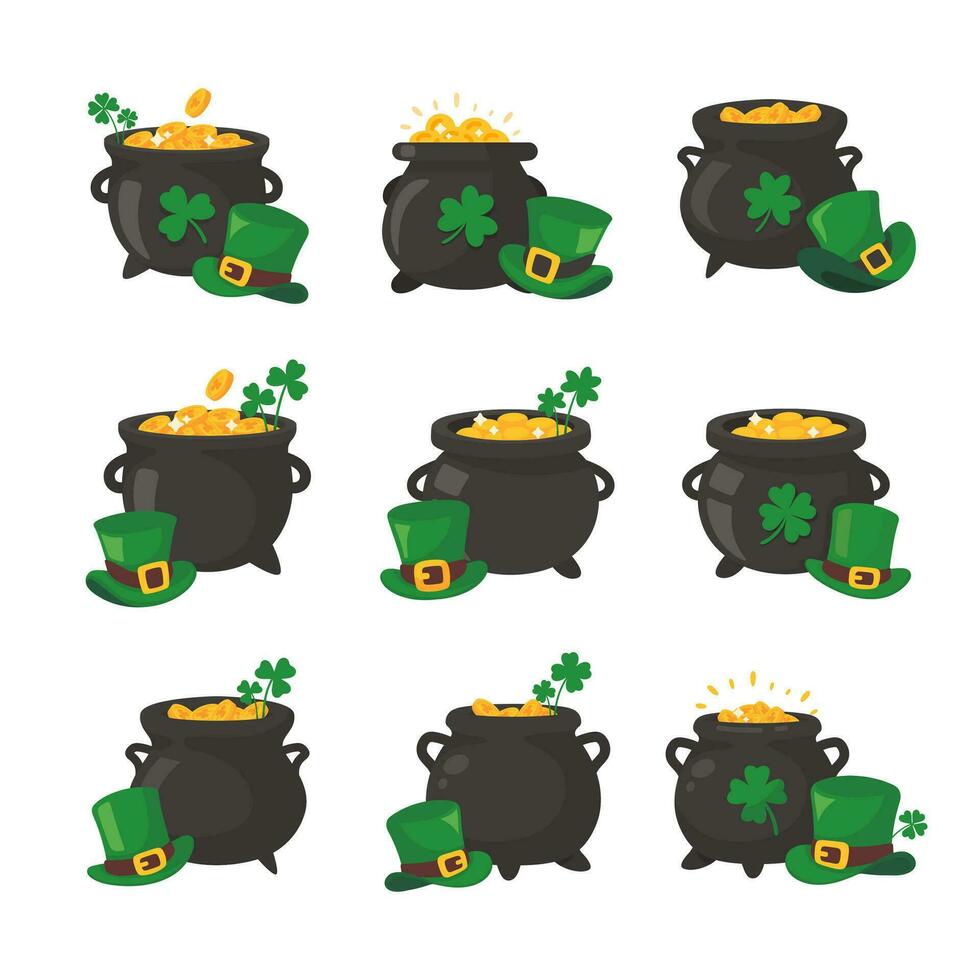 The green pot is full of gold coins. with good luck clover on st patrick festival vector