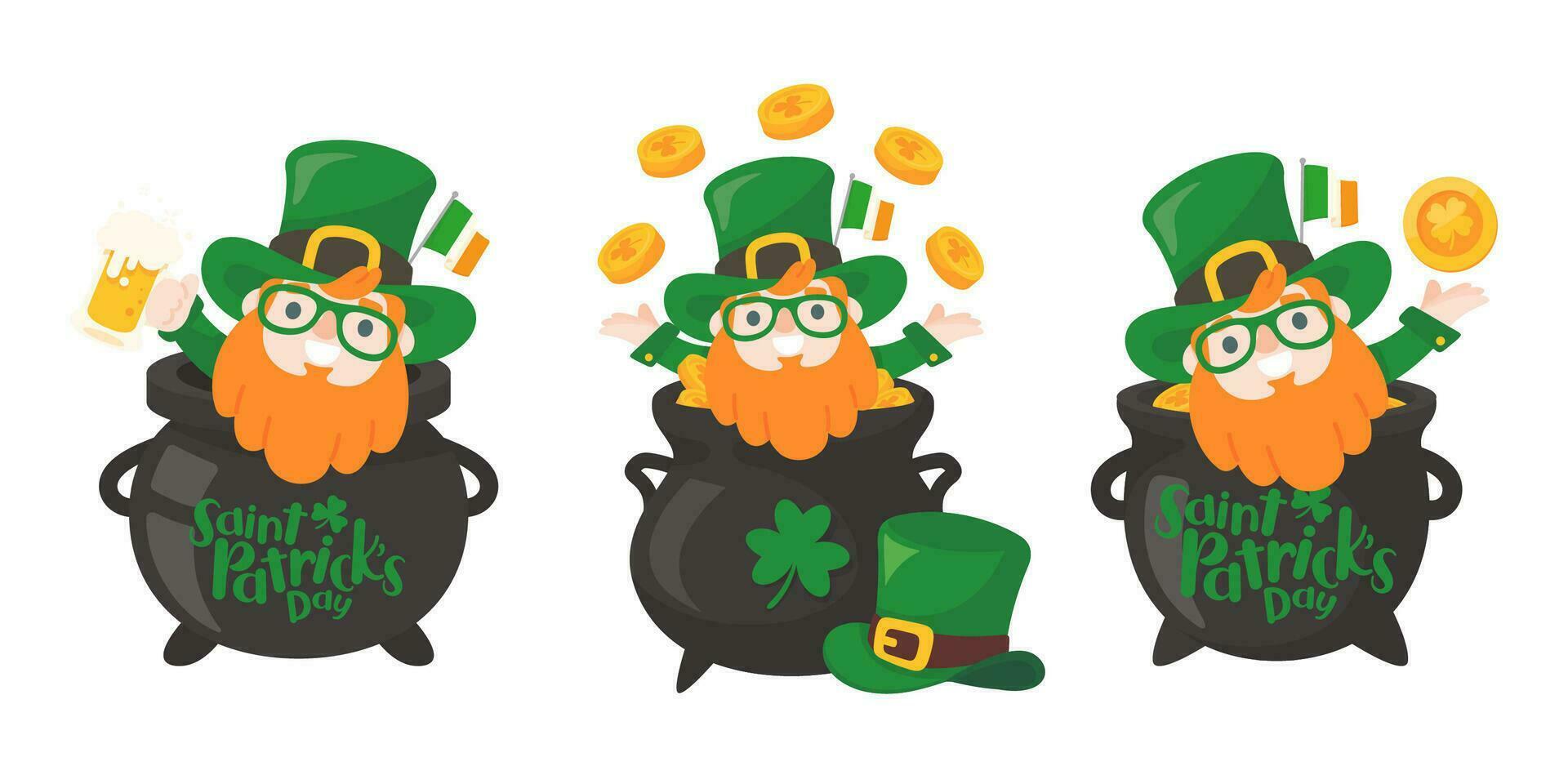 Cartoon man with long beard drinking beer celebrates St. Patrick's Day. vector