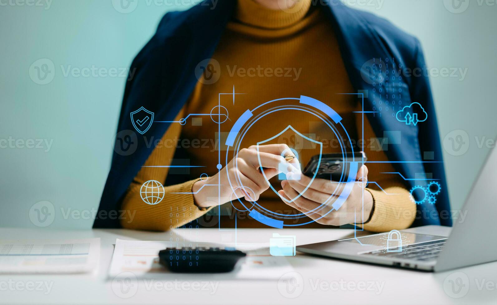 Cybersecurity and privacy concepts to protect data. Lock icon and network security technology. Man protecting personal data on smartphone tablet, virtual screen . In office photo
