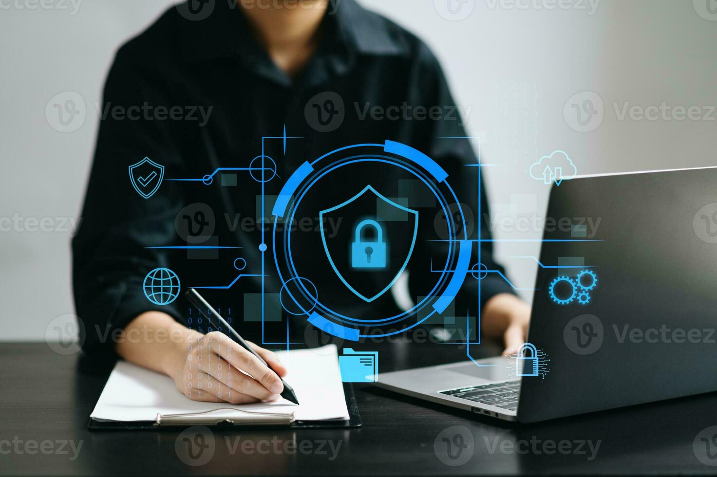 Cybersecurity and privacy concepts to protect data. Lock icon and network security technology. Man protecting personal data on smartphone tablet, virtual screen . In office photo