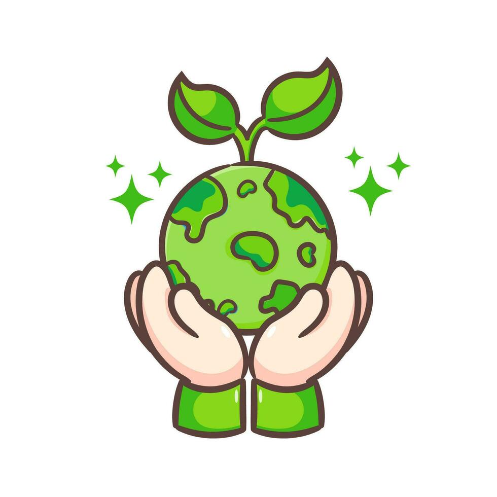 mundo ambiente icono con mano sostener semilla planta en tierra. salvar planeta, sostenible y ambientalmente simpático concepto diseño. mano dibujado ilustración vector