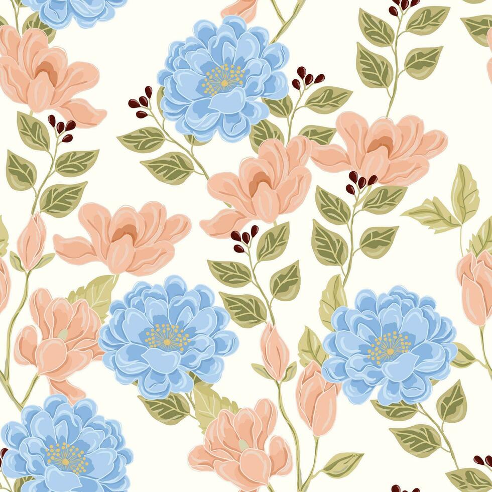 Hand Drawn Magnolia and Rose Flower Seamless Pattern vector