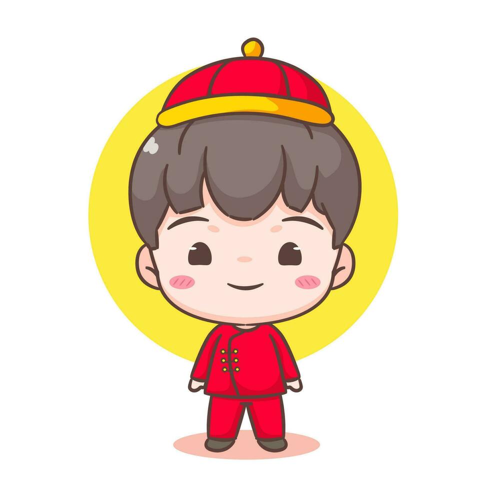 Cute boy celebrate Chinese new year cartoon illustration. Hand drawn chibi character. Holiday concept design. Isolated white background vector