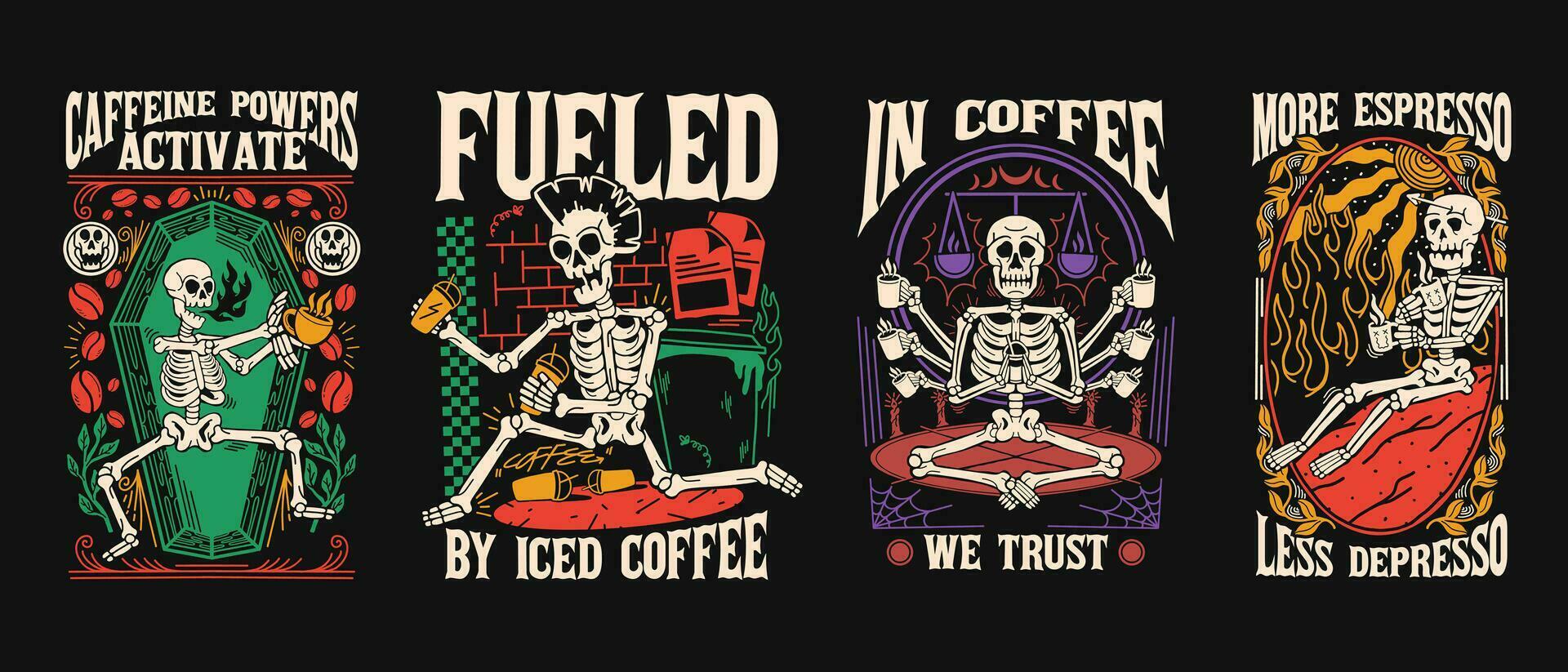 Vintage Coffee Skeleton T shirt Designs Vector Bundle