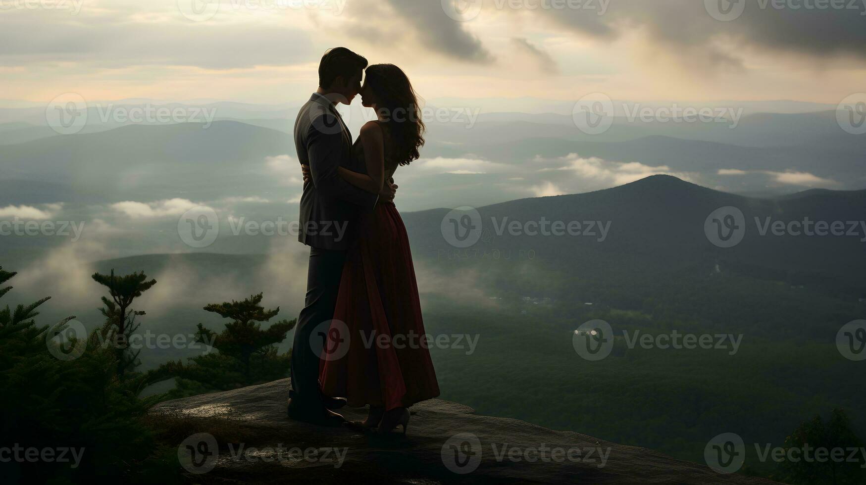 AI generated Wedding couple hugging on the top of a mountain in the morning photo