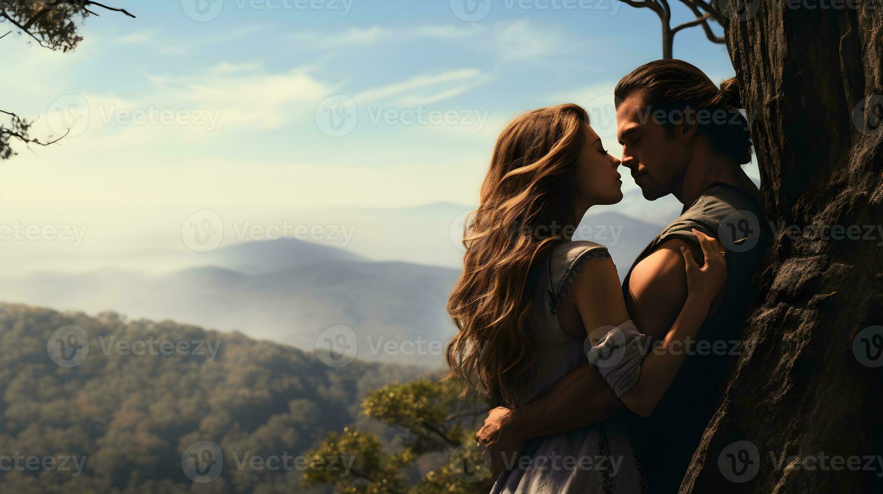 AI generated Beautiful young couple in love embracing and kissing on top of a mountain photo