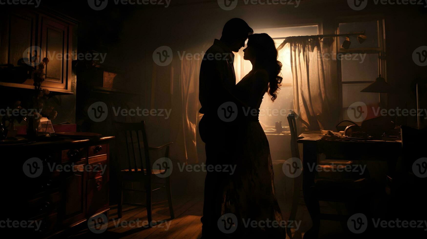 AI generated Silhouette of bride and groom embracing at night. Silhouette of a loving couple at home. photo