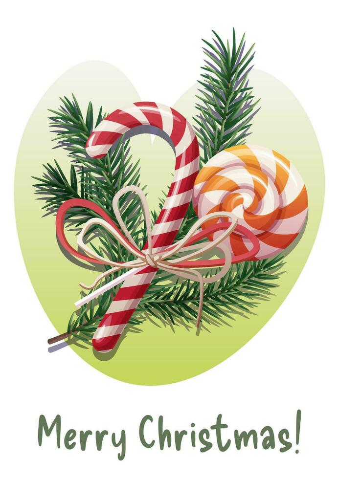Christmas card invitation template design. Flyer, poster with fir branch, cane and lollipop. Merry Christmas and Happy New Year vector