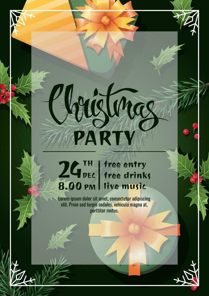 Christmas party invitation template design. Flyer, poster with gift box, fir branch and holly. Merry Christmas and Happy New Year vector