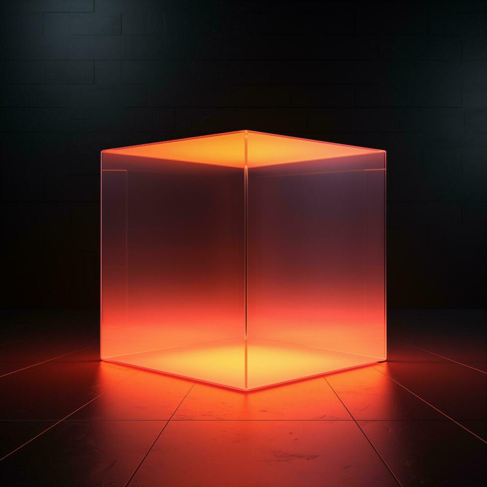 AI generated A transparent glowing orange cube stands on a dark floor and glows photo