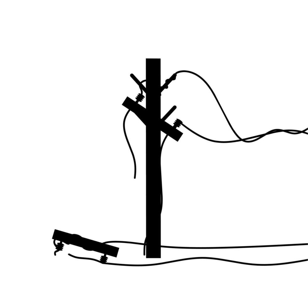 Silhouette of a damaged electricity pole with scattered wires. Cause of power outage. Vector illustration.
