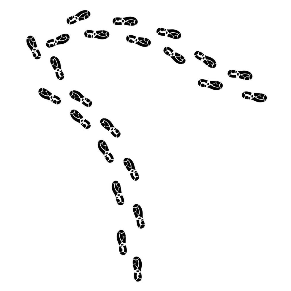 Shoe footprints walking turning direction vector on white background. Footprints from sneakers. Silhouettes of rock climbing, walking and health banners.