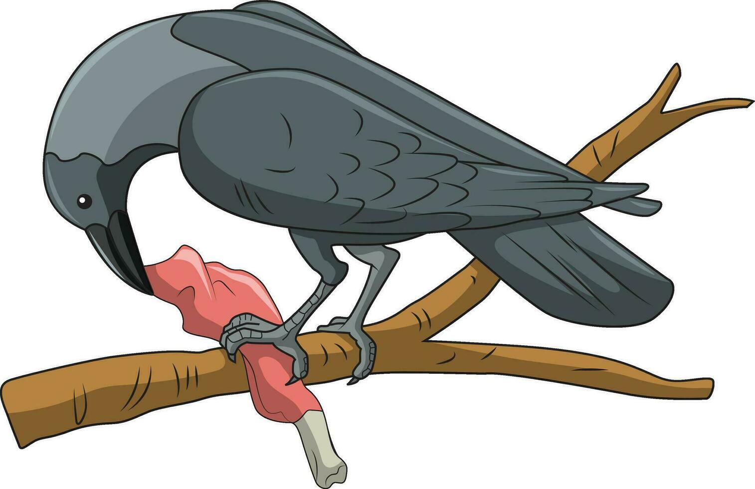 A crow having a meat piece while sitting on a tree branch vector