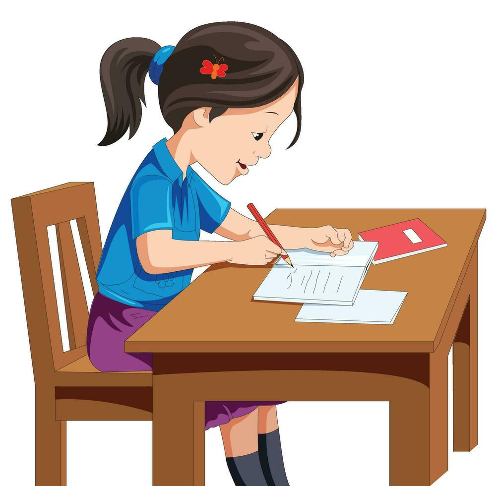 niña escritura con un lápiz vector ilustración