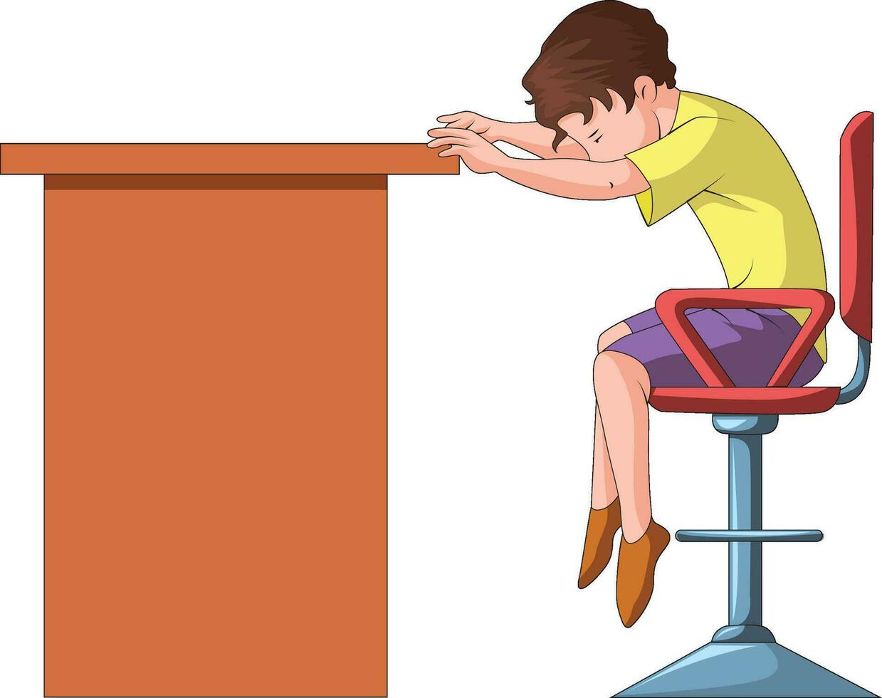 Boy sitting with head down on a chair and hands placed on a wooden table vector