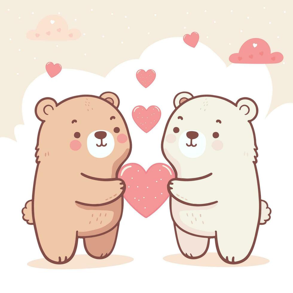 linda adorable dibujos animados plano vector estilo animal personaje bebé osito de peluche oso muñeca Pareja dando regalo rojo corazón forma en medio, contento enamorado día ilustración, amistad saludo tarjeta Días festivos cumpleaños