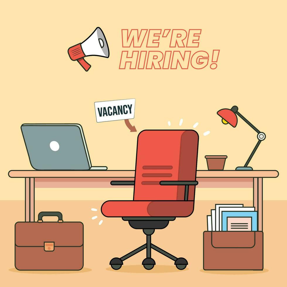 corporate business we are hiring job requirement vacant sign on office chair poster design cartoon flat vector empty workplace looking for employee, candidate, employment banner template flyer seeking