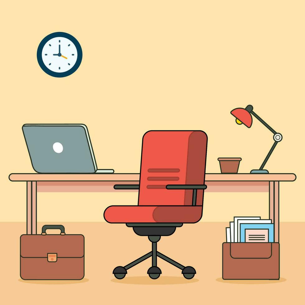 corporate business vacant empty office chair poster design cartoon flat vector empty workplace looking for candidate, employment banner template flyer seeking, employee work cabinet files, bag, table