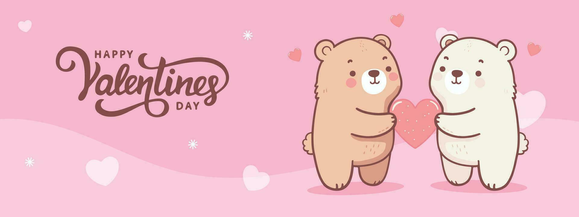 cute cartoon flat vector animal character baby teddy little bear doll couple giving gift red heart shape banner website, happy valentine day text illustration greeting card holidays sending love happy