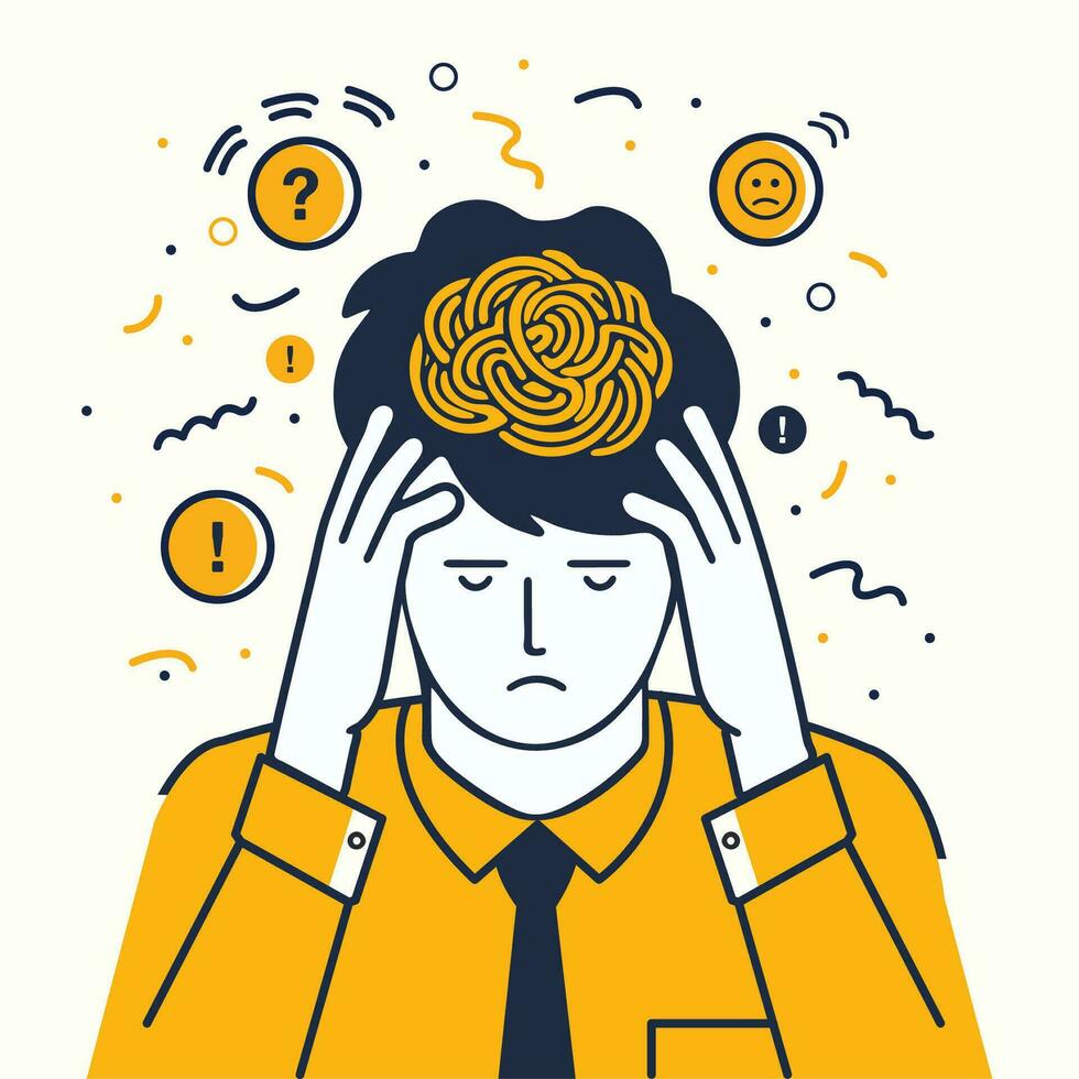 business sad young man financial stress problem anxiety two hand on head brain out, headache, migraine cancer hypertension, teenage boy suffers loss confusion scribbles vector psychological disease
