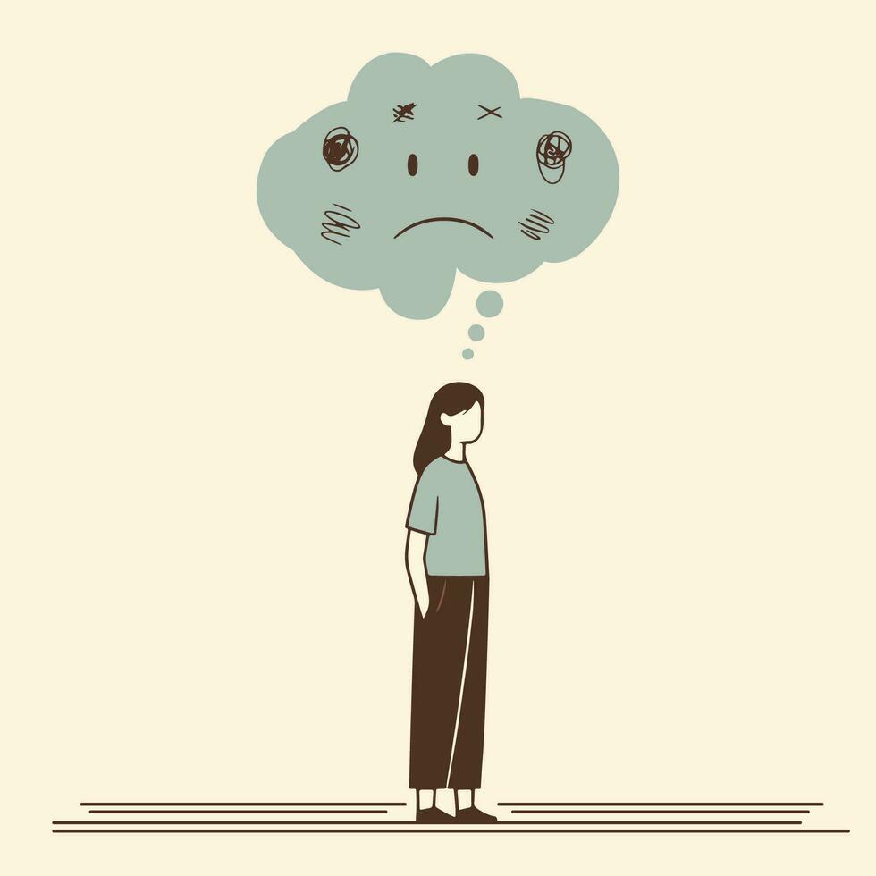 depressed sad young women hand on pocket unhappy scratched scribble face cloud above her head, anxiety confused mind anxious feeling simple flat vector character of lady thinking about future problem