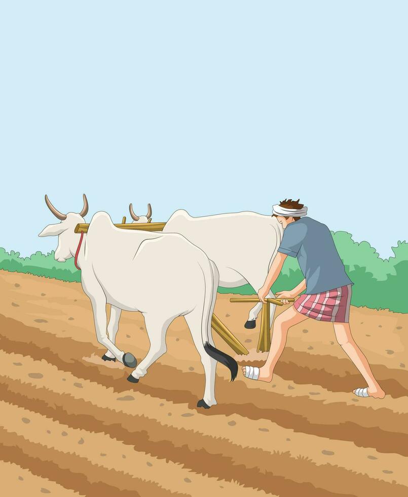 Farmer ploughing field with bullock cart vector