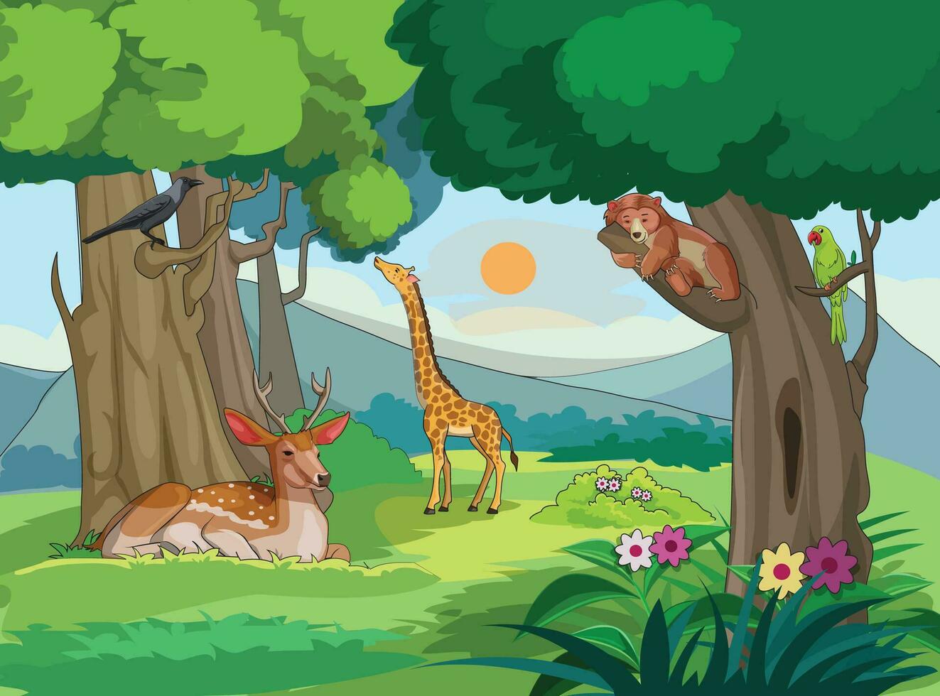 Animals and birds enjoying in the jungle vector