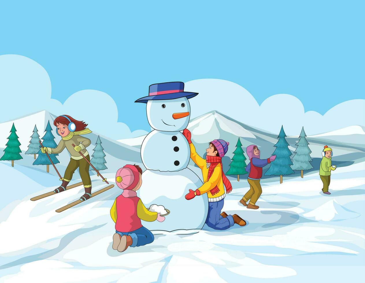 linda niños haciendo monigote de nieve y disfrutando vector