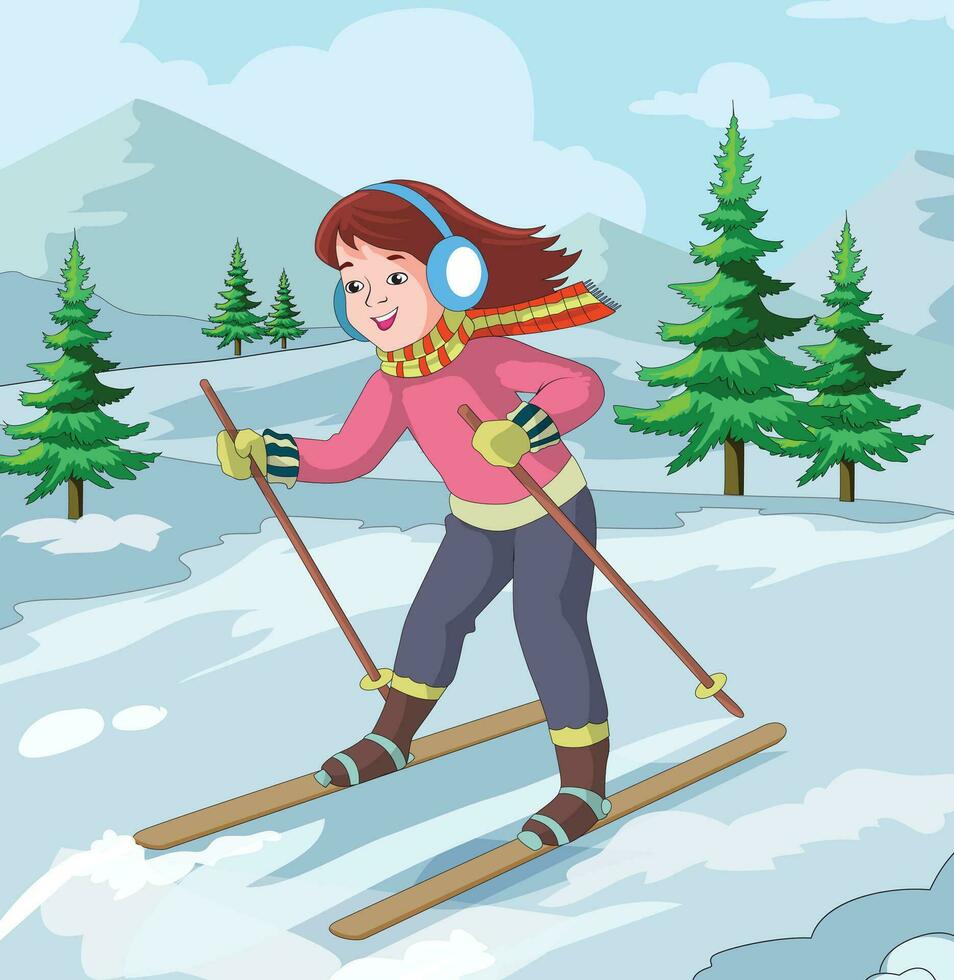 linda niña sonriente y Patinaje en hielo mientras escuchando música vector