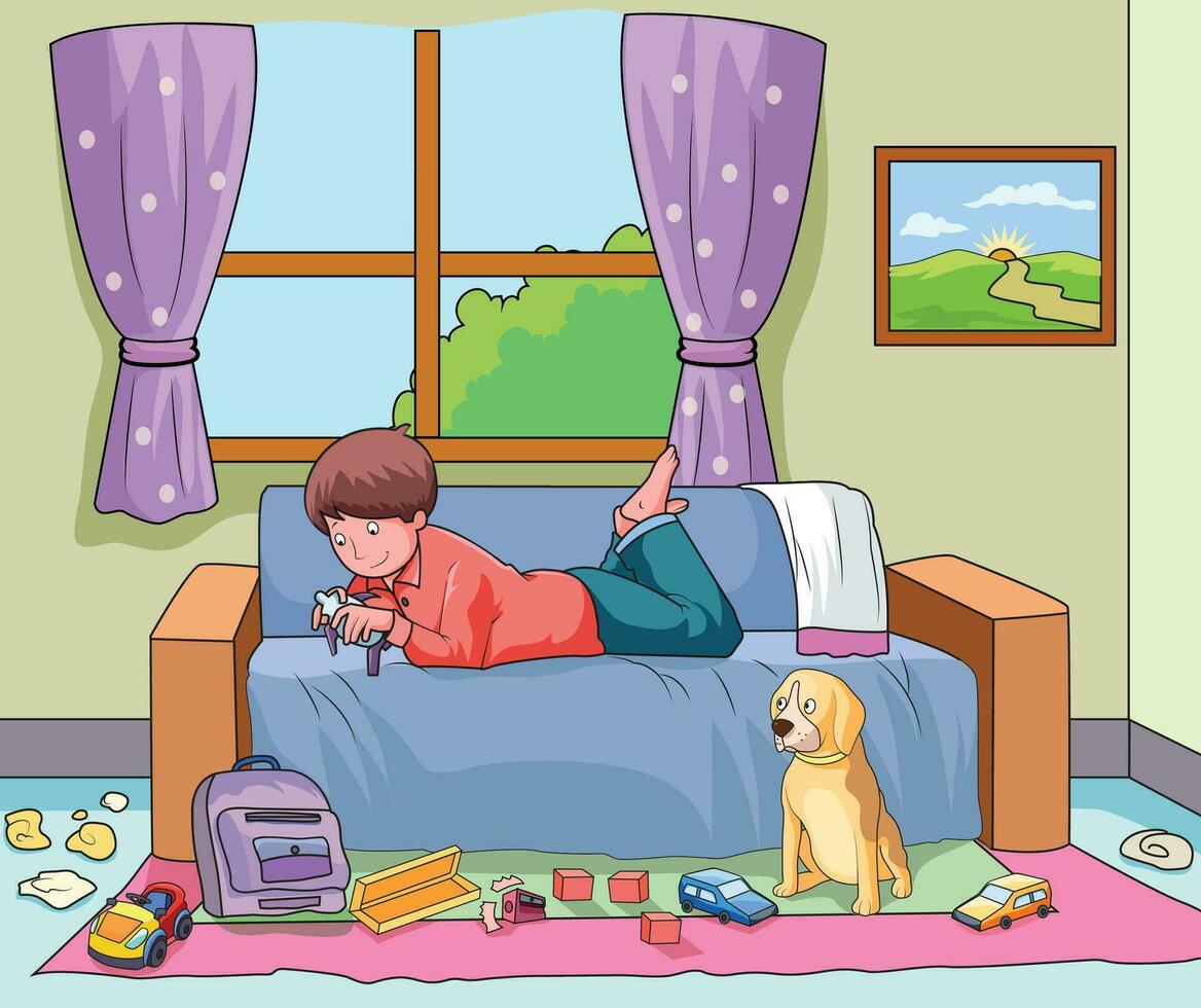 chico disfrutando en su vivo habitación con su mascota perro vector
