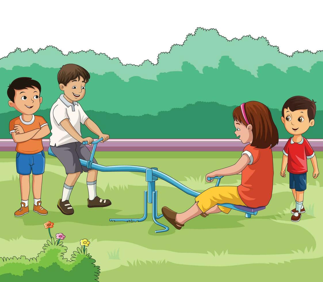 niños disfrutando balancín en el parque vector