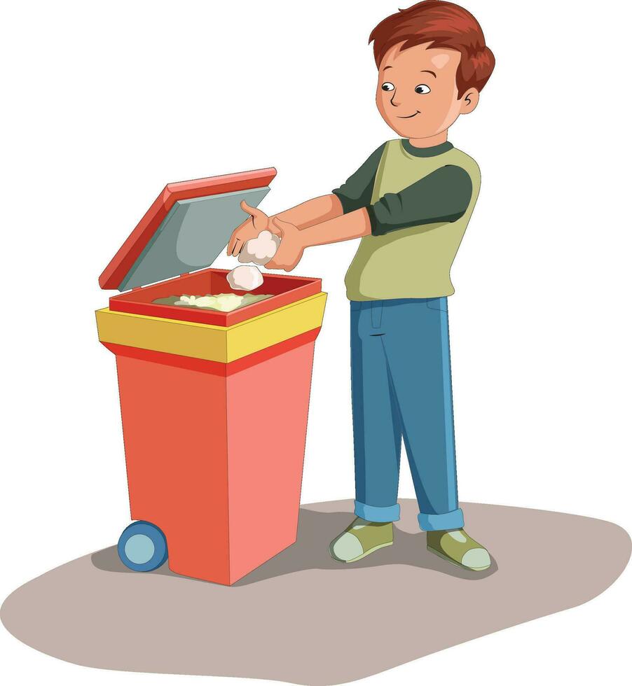Cute boy throwing garbage in the dustbin vector