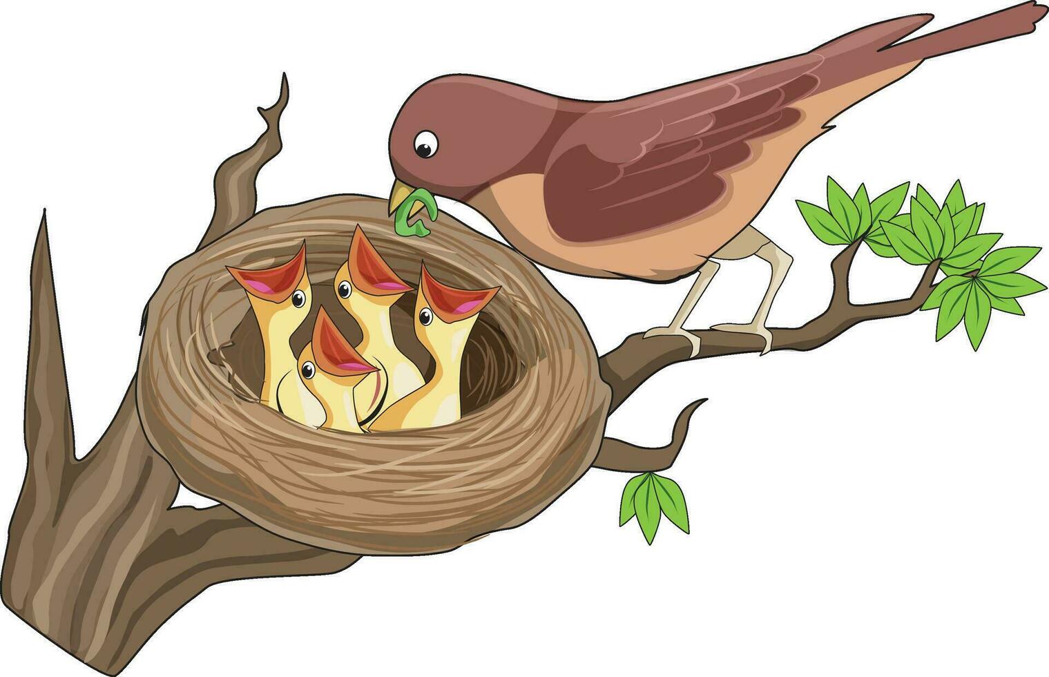 Cute bird with its chicks sitting in the nest vector