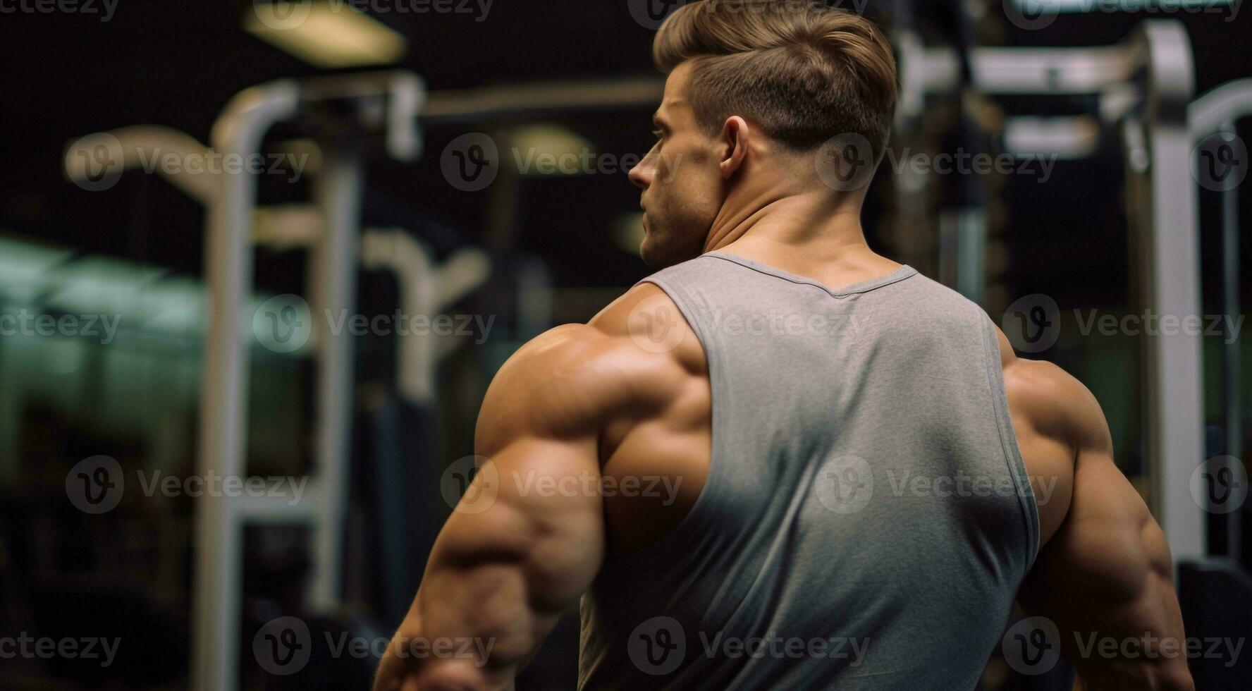 AI generated muscular bodybuilder training, muscular bodybuilder in the gym, young bodybuilder training in the gym, young bodybuilder lifting weights photo