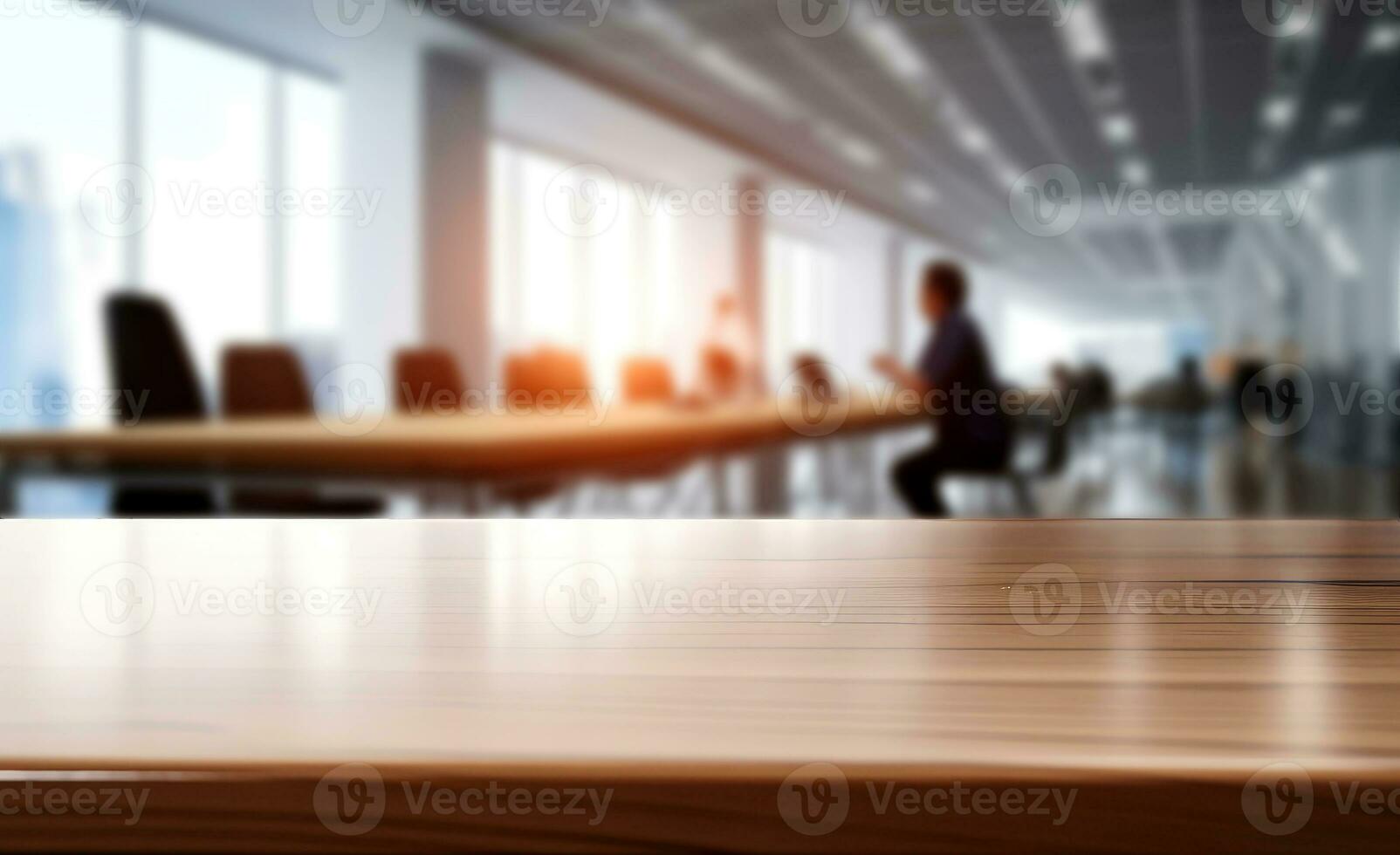 AI generated Empty wooden table and chairs in a modern meeting room with city view. Generative AI photo